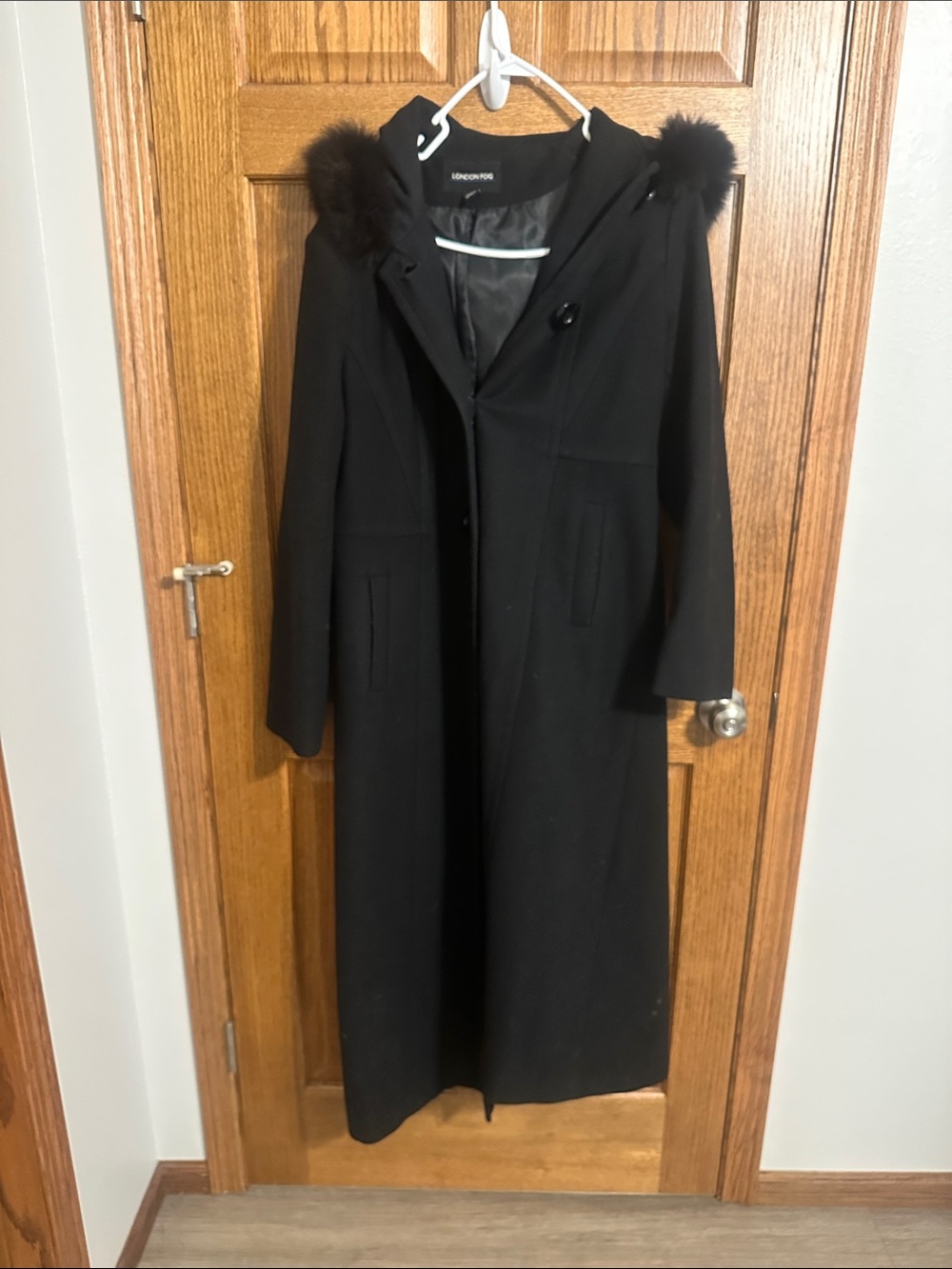 London Fog Long Black Hooded Trench Coat with Fur Trim Hood